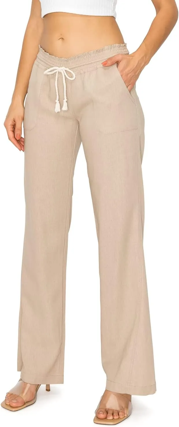 Cali1850 Women's Casual Linen Pants - 29", 32" Oceanside Drawstring Smocked Waist Beach Lounge Trousers with Pockets