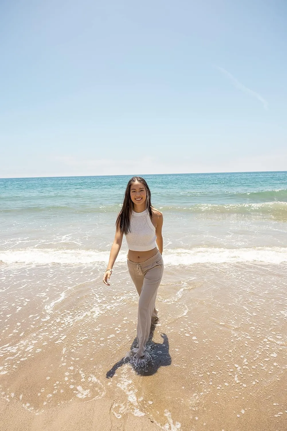 Cali1850 Women's Casual Linen Pants - 29", 32" Oceanside Drawstring Smocked Waist Beach Lounge Trousers with Pockets