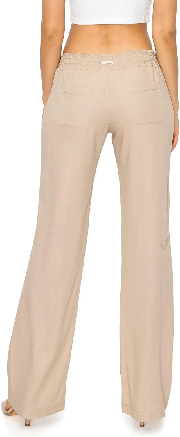 Cali1850 Women's Casual Linen Pants - 29", 32" Oceanside Drawstring Smocked Waist Beach Lounge Trousers with Pockets
