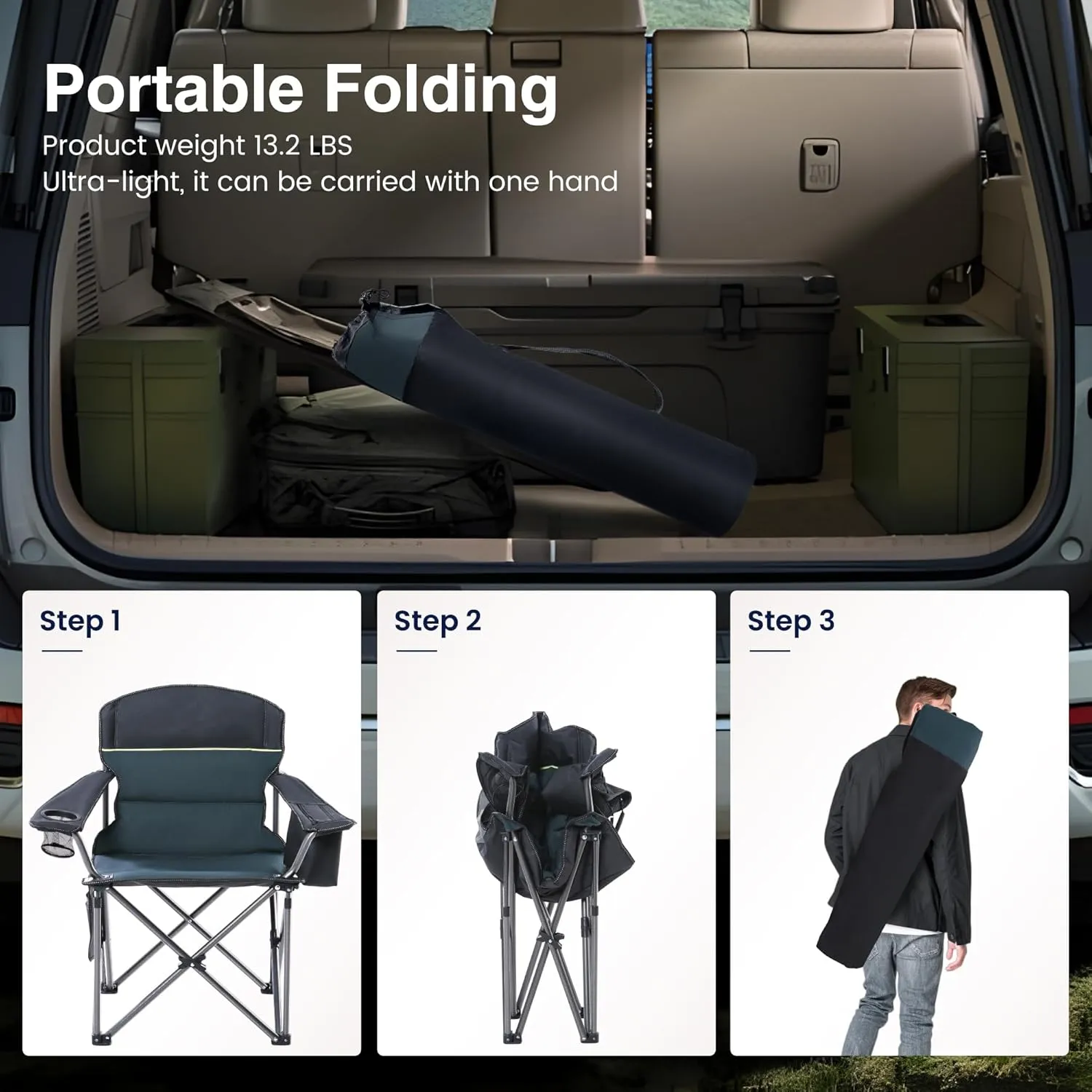 Camping Folding Chair, Heavy Duty Oversized Portable Outdoor Chair, Foldable Camp Chair with Cup Holder and Cooler Bag Support 450 LBS, Green…