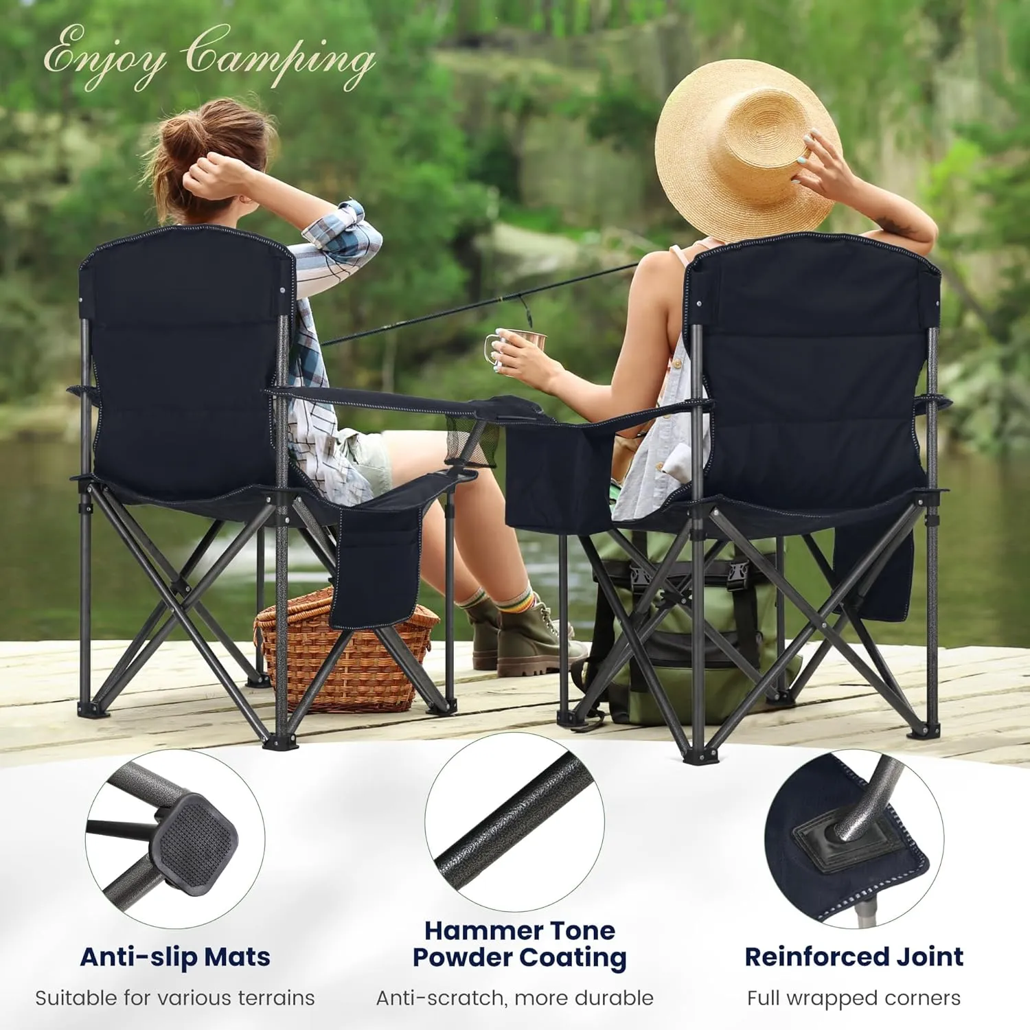 Camping Folding Chair, Heavy Duty Oversized Portable Outdoor Chair, Foldable Camp Chair with Cup Holder and Cooler Bag Support 450 LBS, Green…