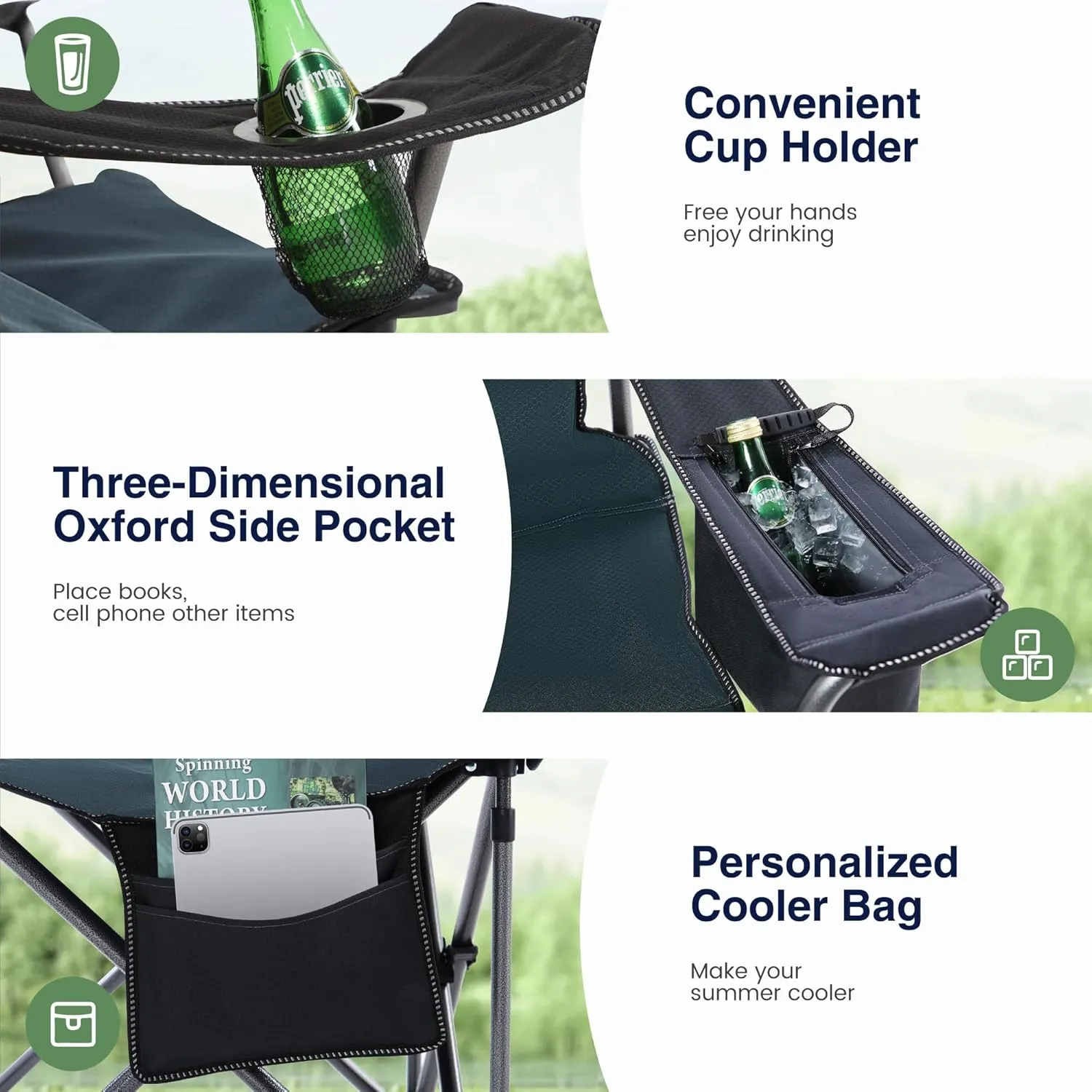 Camping Folding Chair, Heavy Duty Oversized Portable Outdoor Chair, Foldable Camp Chair with Cup Holder and Cooler Bag Support 450 LBS, Green…