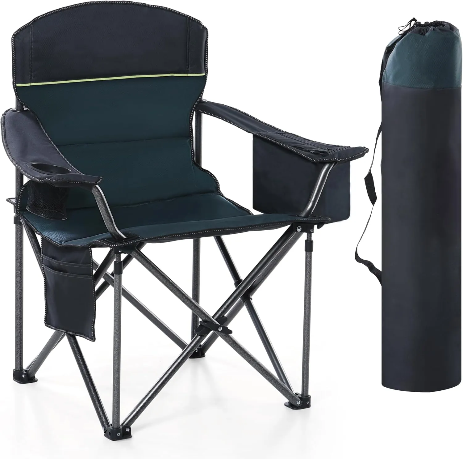 Camping Folding Chair, Heavy Duty Oversized Portable Outdoor Chair, Foldable Camp Chair with Cup Holder and Cooler Bag Support 450 LBS, Green…