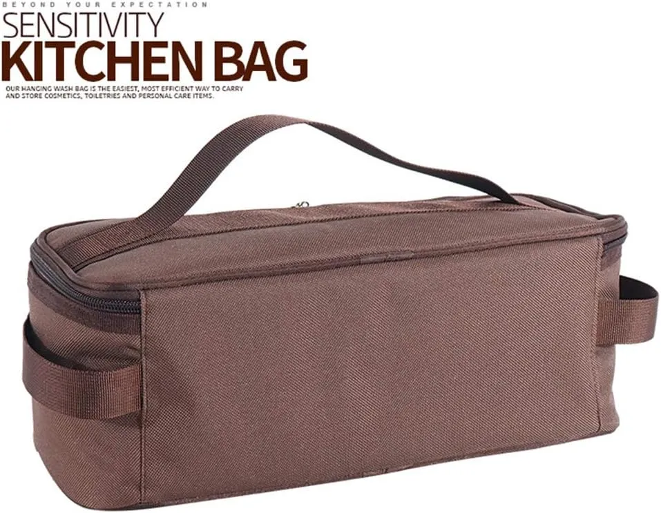 Camping Travel Cooking Utensils Organizer Travel Bag with Net Pockets, Portable Pouch for BBQ Camp Cookware Kitchen Kit,13x5.1x4.9inch (Oxford Cloth, Nylon, Metal)