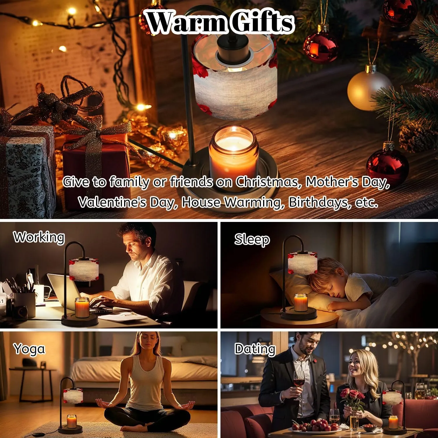 Candle Warmer Lamp with Timer Red Roses Border Flat Lay Rustic Wood Table for Valentine s Day Dimmable Wax Warmer with 4 Bulbs Birthday Gifts for Jar Candles Women House Warming New Home Decor