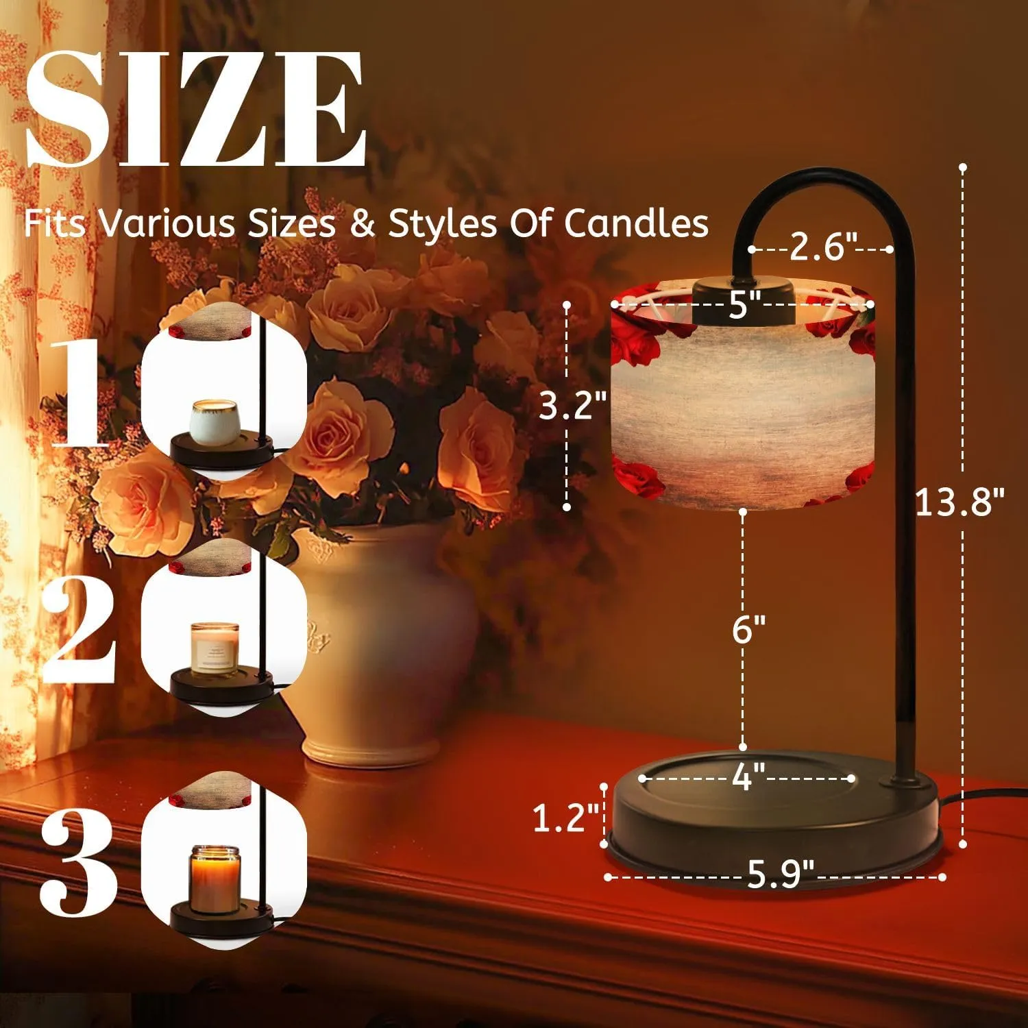Candle Warmer Lamp with Timer Red Roses Border Flat Lay Rustic Wood Table for Valentine s Day Dimmable Wax Warmer with 4 Bulbs Birthday Gifts for Jar Candles Women House Warming New Home Decor