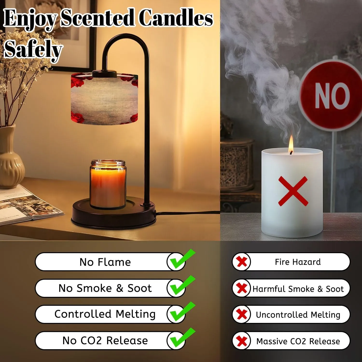 Candle Warmer Lamp with Timer Red Roses Border Flat Lay Rustic Wood Table for Valentine s Day Dimmable Wax Warmer with 4 Bulbs Birthday Gifts for Jar Candles Women House Warming New Home Decor