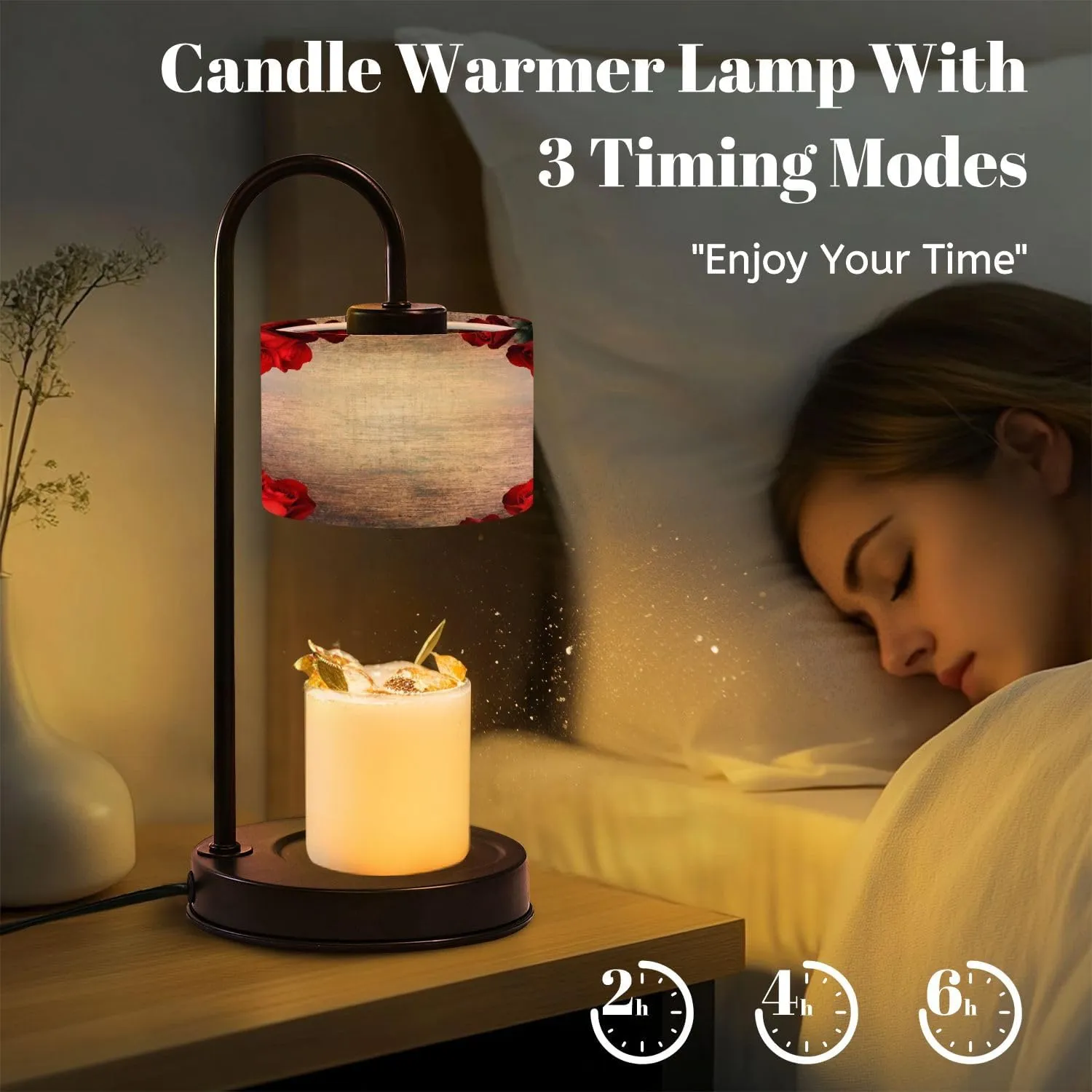 Candle Warmer Lamp with Timer Red Roses Border Flat Lay Rustic Wood Table for Valentine s Day Dimmable Wax Warmer with 4 Bulbs Birthday Gifts for Jar Candles Women House Warming New Home Decor