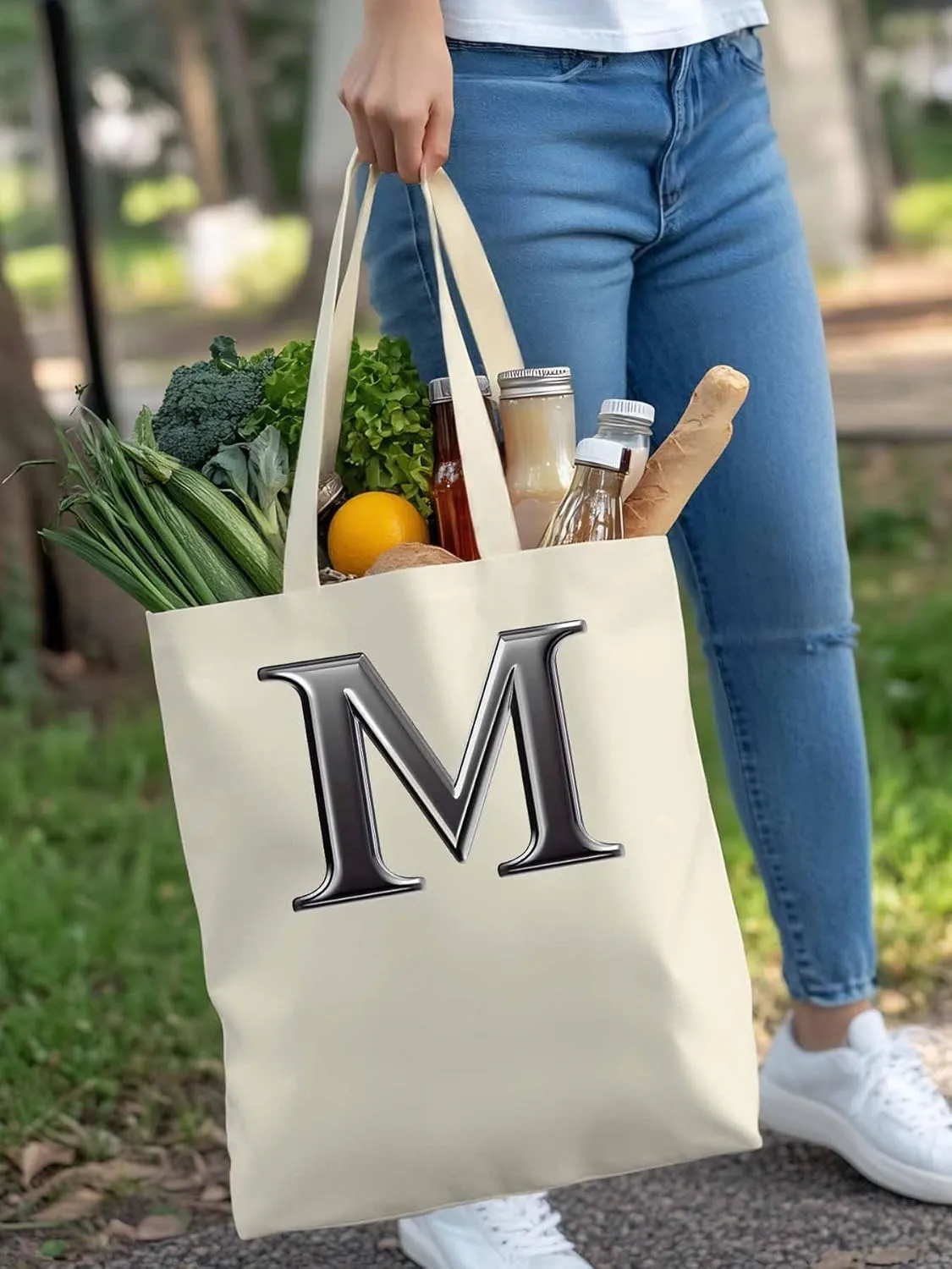 Canvas Tote Bag, Letter M Aesthetic Canvas Tote Handbags for Women Shoulder Bag,