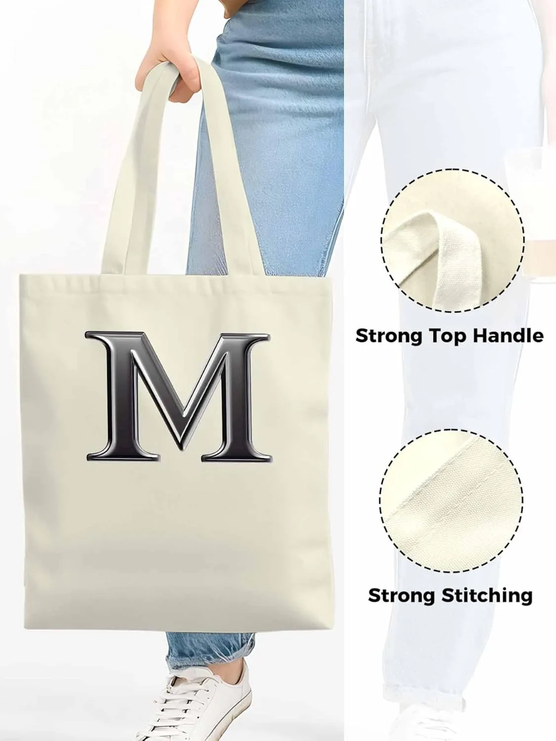 Canvas Tote Bag, Letter M Aesthetic Canvas Tote Handbags for Women Shoulder Bag,
