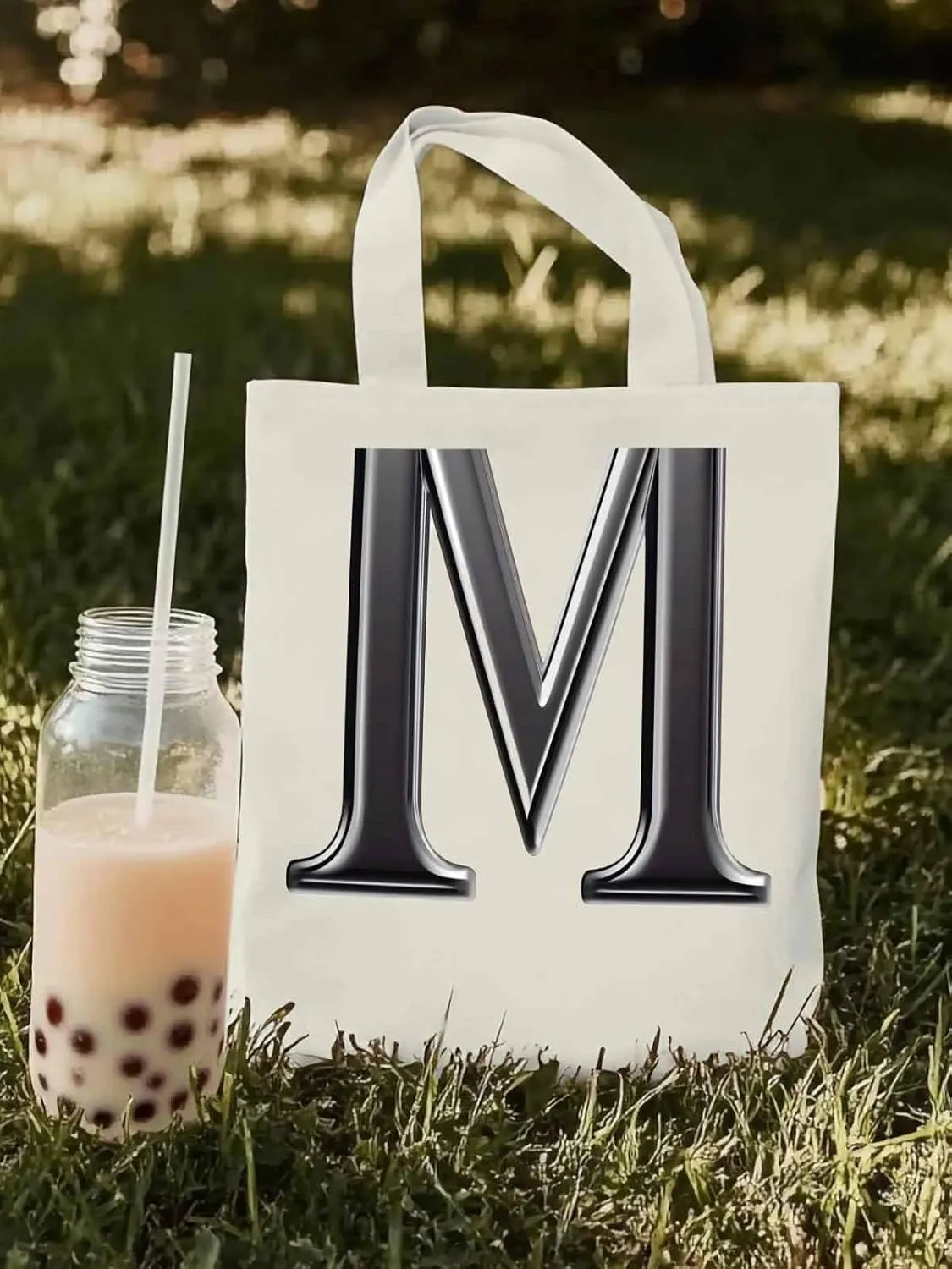 Canvas Tote Bag, Letter M Aesthetic Canvas Tote Handbags for Women Shoulder Bag,