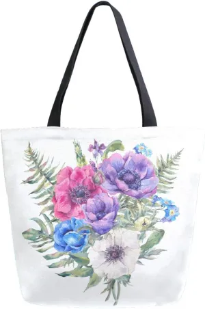 Canvas Tote Bag Vintage Poppy Fern Leaves Women Shoulder Bag Summer Floral Tropical Reusable Grocery Bags Large Handbag Travel Shopping Bag for School Nursing Gift Outdoors