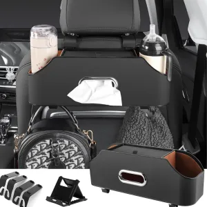 Car Headrest Seat Back Organizer with Cup Holder, Tissue Box, Mobile phone Holder, Multi-functional Storage, Suitable for children and adults, car travel (Black)