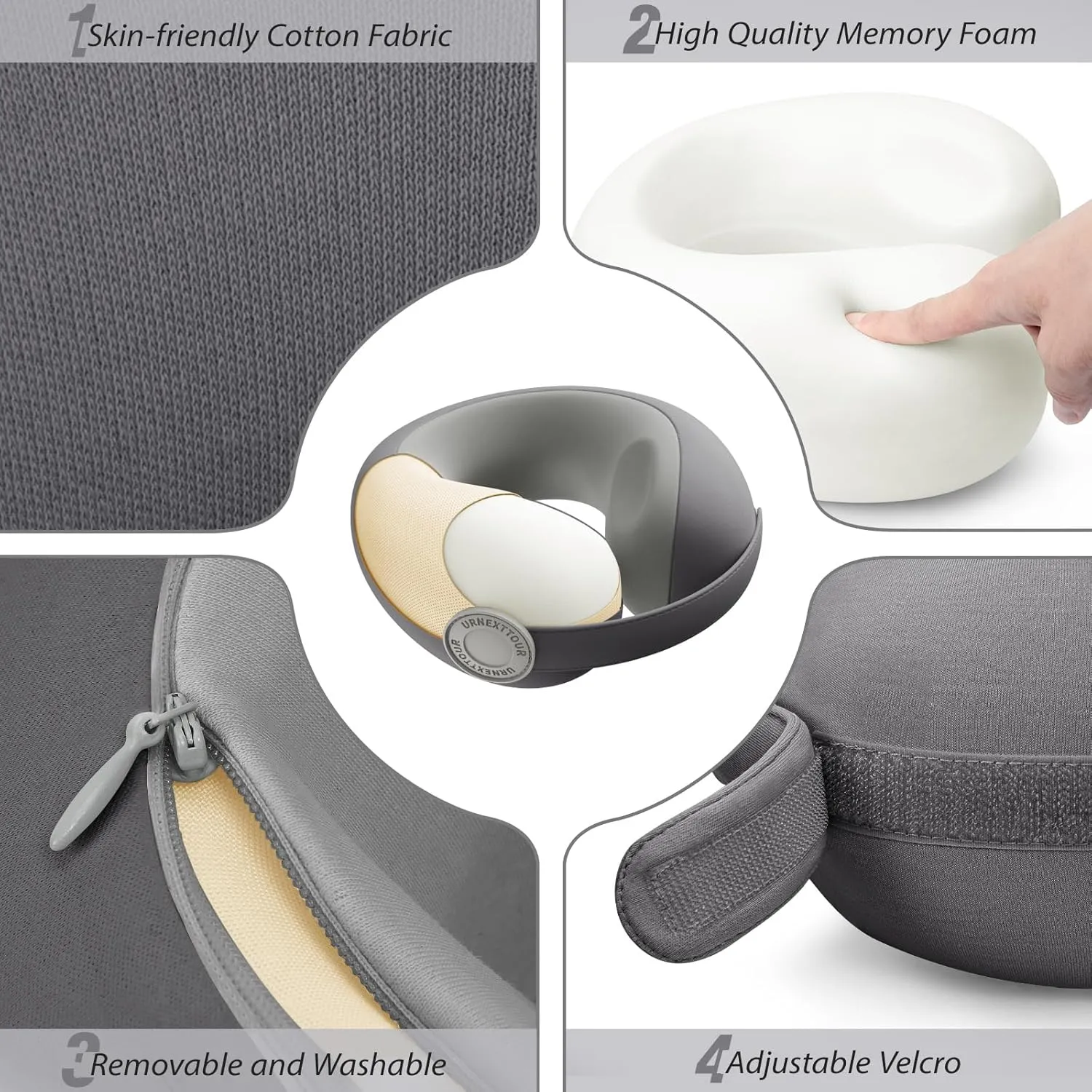 Car Pillow for Little Kids Travel Neck Pillows, Memory Foam Neck Support Travelling Pillow with Washable Cotton Pillowcases and Storage Bag, for Airplane, Train, Flight and Home Use Grey