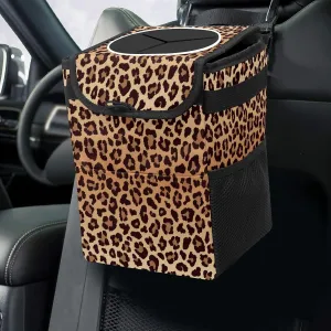 Car Trash Can Leopard Print Garbage Can with Lid Hanging for Back Seat Women Car Accessories Cute Leakproof Vehicle Trash Bin Container Bag for Cars SUVs Truck Sedan