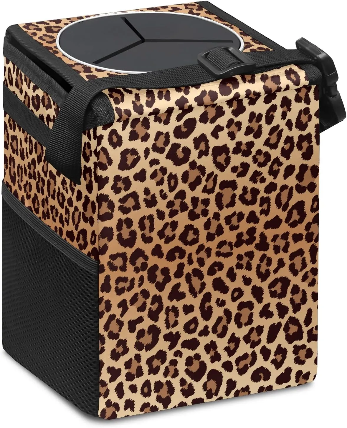 Car Trash Can Leopard Print Garbage Can with Lid Hanging for Back Seat Women Car Accessories Cute Leakproof Vehicle Trash Bin Container Bag for Cars SUVs Truck Sedan