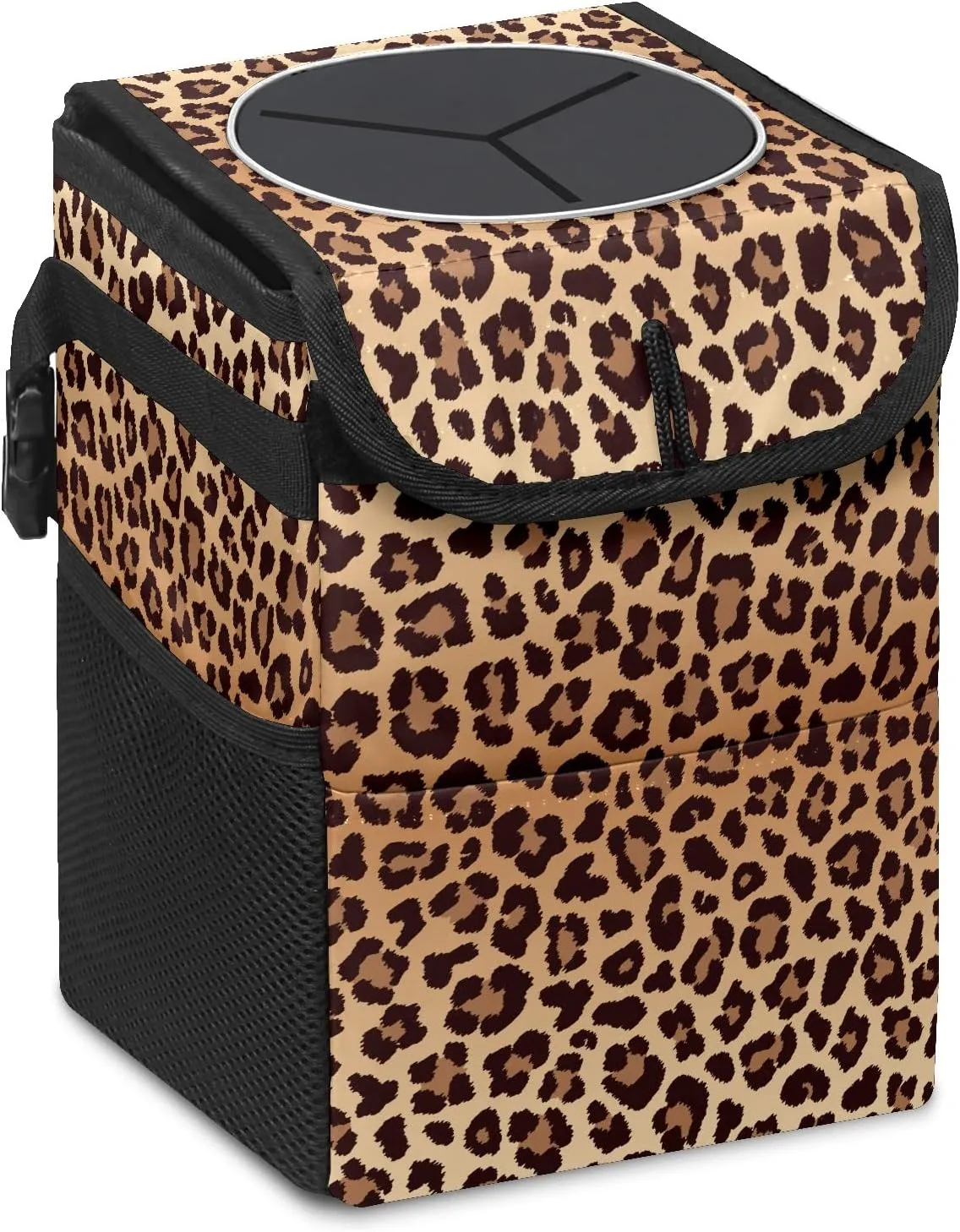 Car Trash Can Leopard Print Garbage Can with Lid Hanging for Back Seat Women Car Accessories Cute Leakproof Vehicle Trash Bin Container Bag for Cars SUVs Truck Sedan