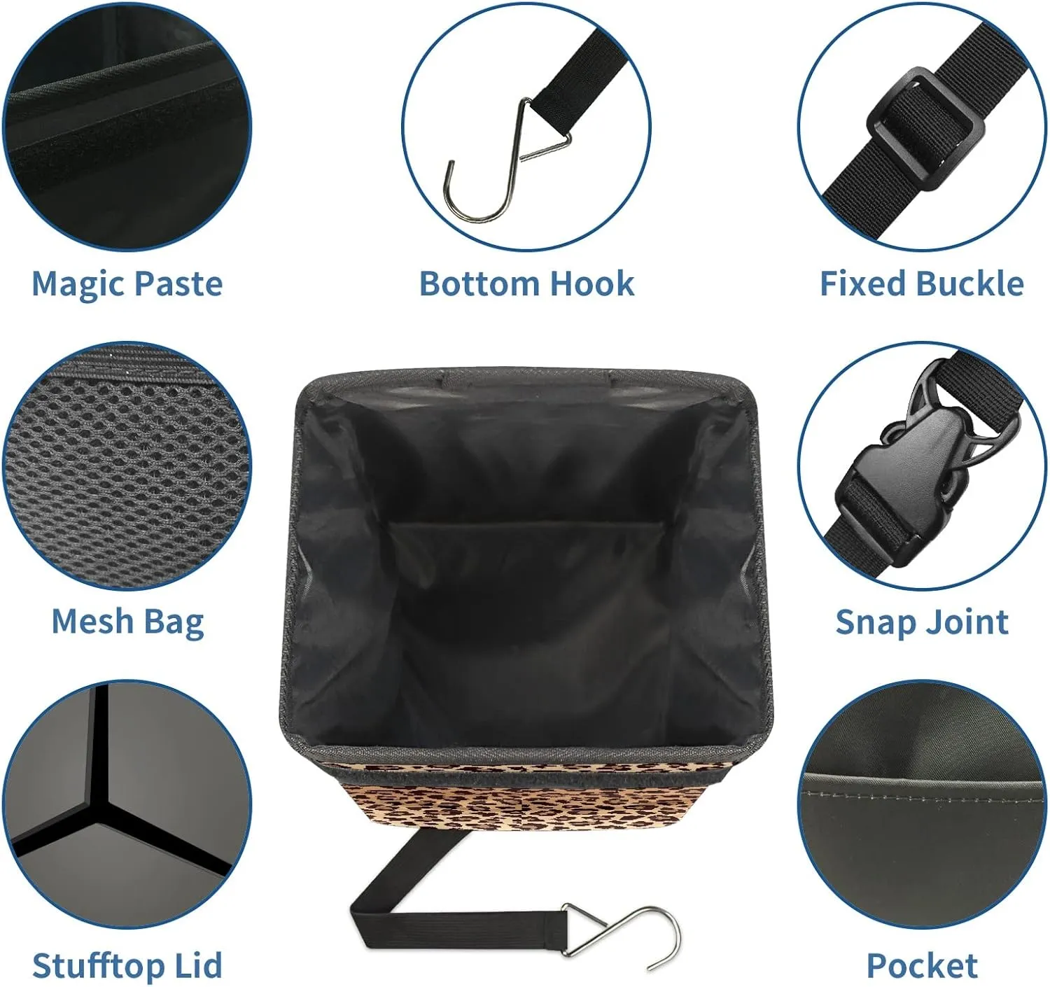 Car Trash Can Leopard Print Garbage Can with Lid Hanging for Back Seat Women Car Accessories Cute Leakproof Vehicle Trash Bin Container Bag for Cars SUVs Truck Sedan