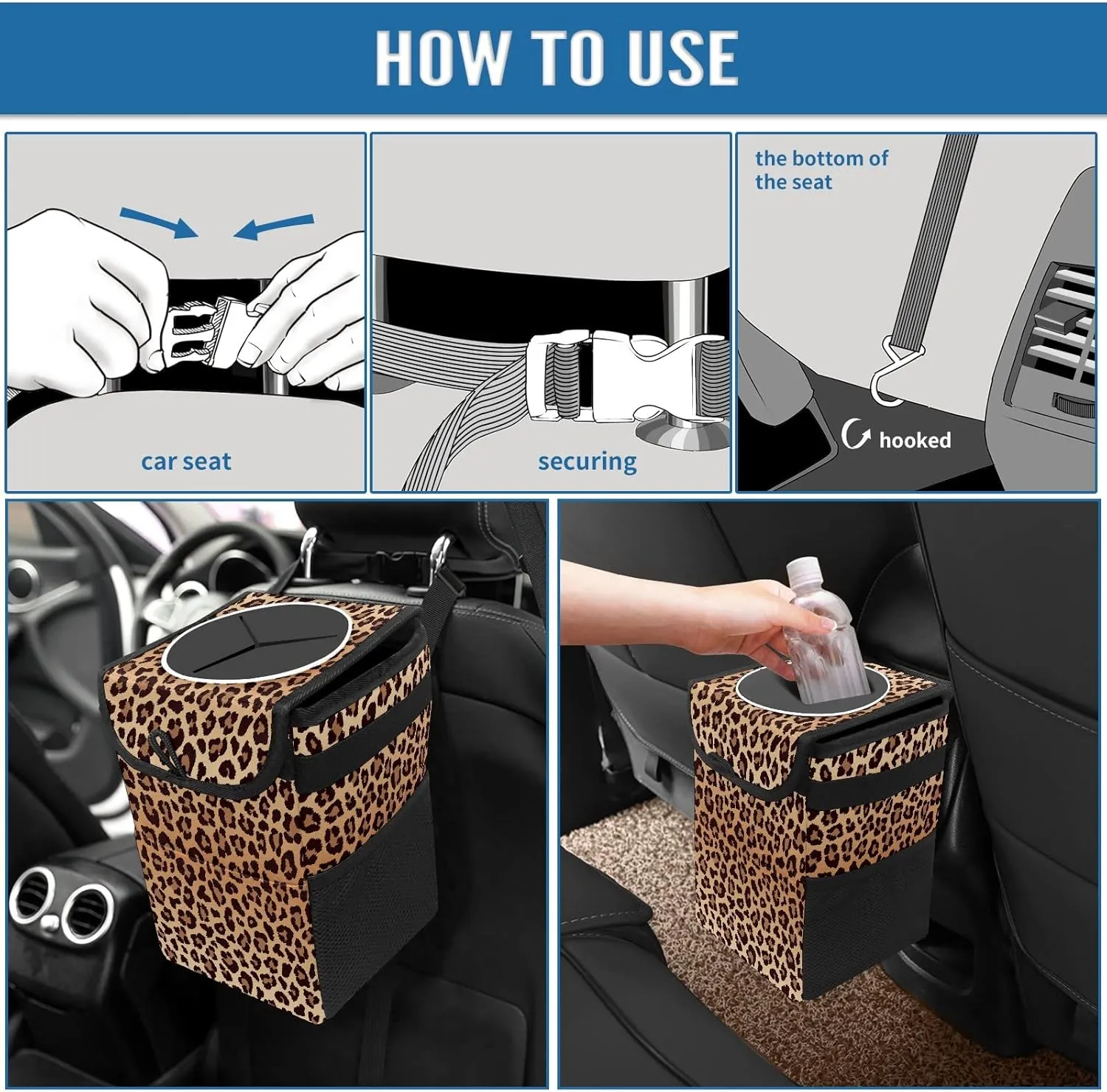 Car Trash Can Leopard Print Garbage Can with Lid Hanging for Back Seat Women Car Accessories Cute Leakproof Vehicle Trash Bin Container Bag for Cars SUVs Truck Sedan