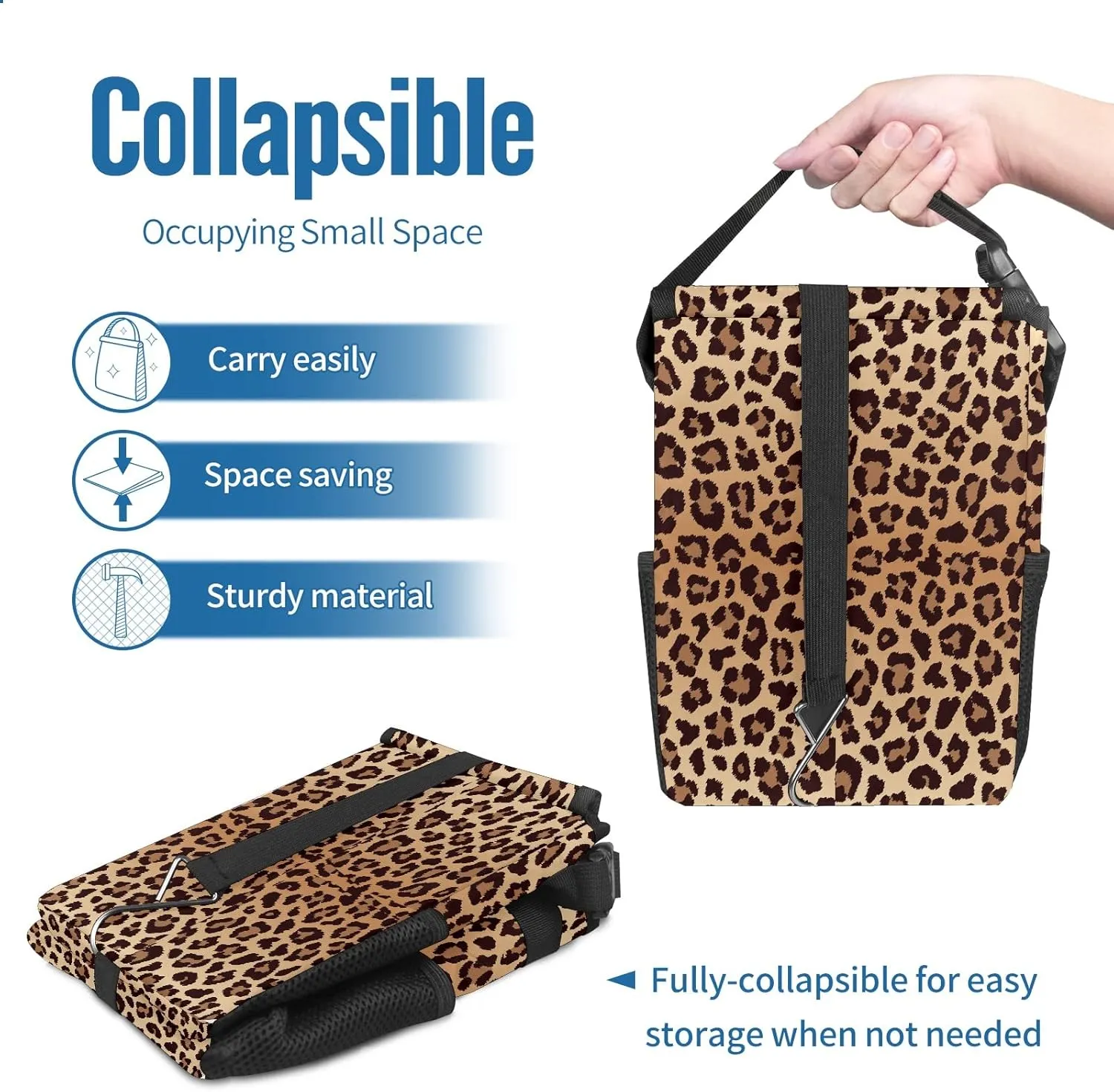 Car Trash Can Leopard Print Garbage Can with Lid Hanging for Back Seat Women Car Accessories Cute Leakproof Vehicle Trash Bin Container Bag for Cars SUVs Truck Sedan