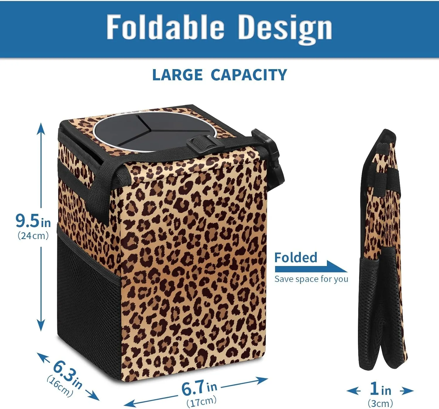 Car Trash Can Leopard Print Garbage Can with Lid Hanging for Back Seat Women Car Accessories Cute Leakproof Vehicle Trash Bin Container Bag for Cars SUVs Truck Sedan