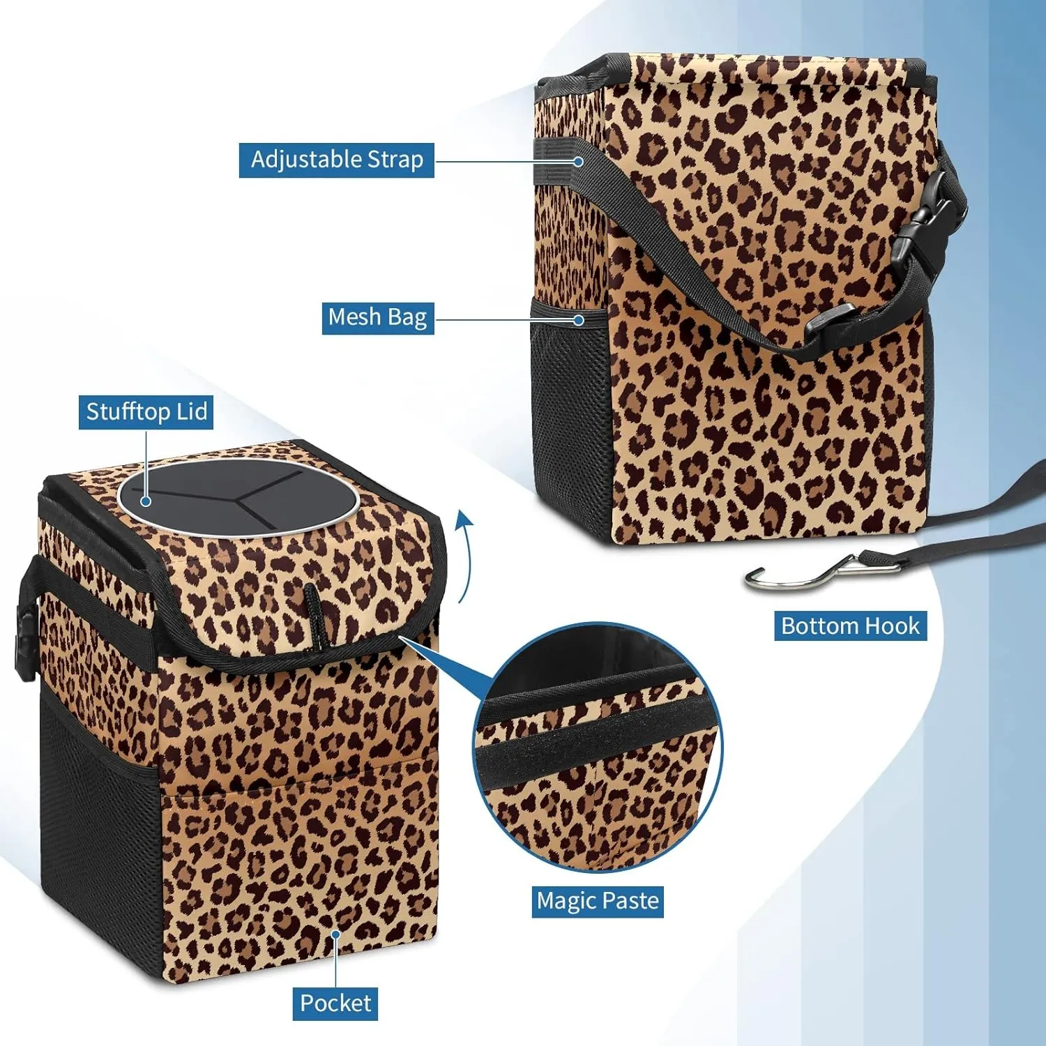 Car Trash Can Leopard Print Garbage Can with Lid Hanging for Back Seat Women Car Accessories Cute Leakproof Vehicle Trash Bin Container Bag for Cars SUVs Truck Sedan