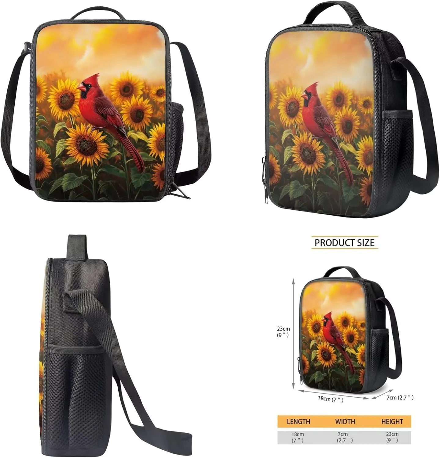 Cardinal Sunflower Print School Backpack Set for Teens Girls Boys Kids Lightweight School Bags Bookbag with Lunch Bag Pencil Pouch Back to School Gifts Set of 3
