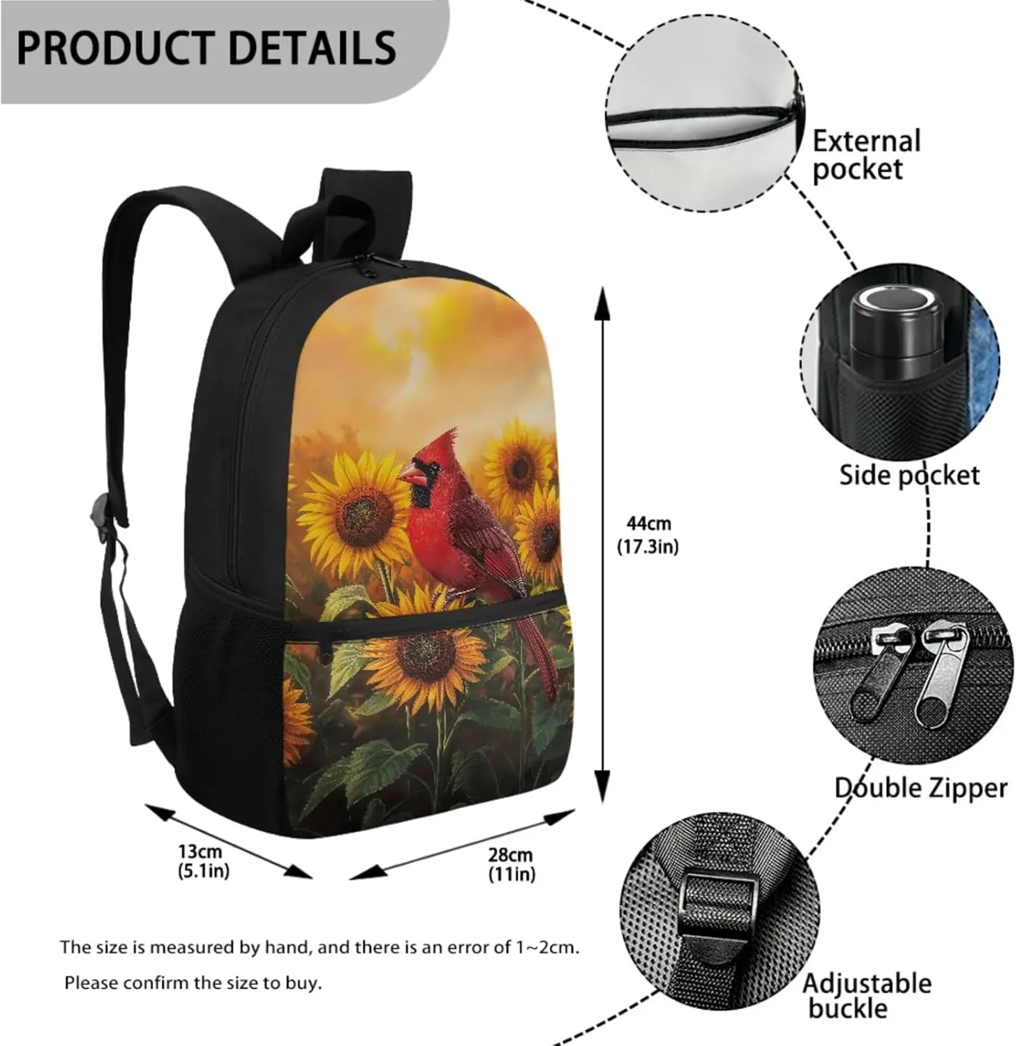 Cardinal Sunflower Print School Backpack Set for Teens Girls Boys Kids Lightweight School Bags Bookbag with Lunch Bag Pencil Pouch Back to School Gifts Set of 3