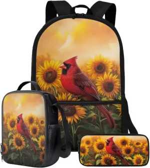 Cardinal Sunflower Print School Backpack Set for Teens Girls Boys Kids Lightweight School Bags Bookbag with Lunch Bag Pencil Pouch Back to School Gifts Set of 3