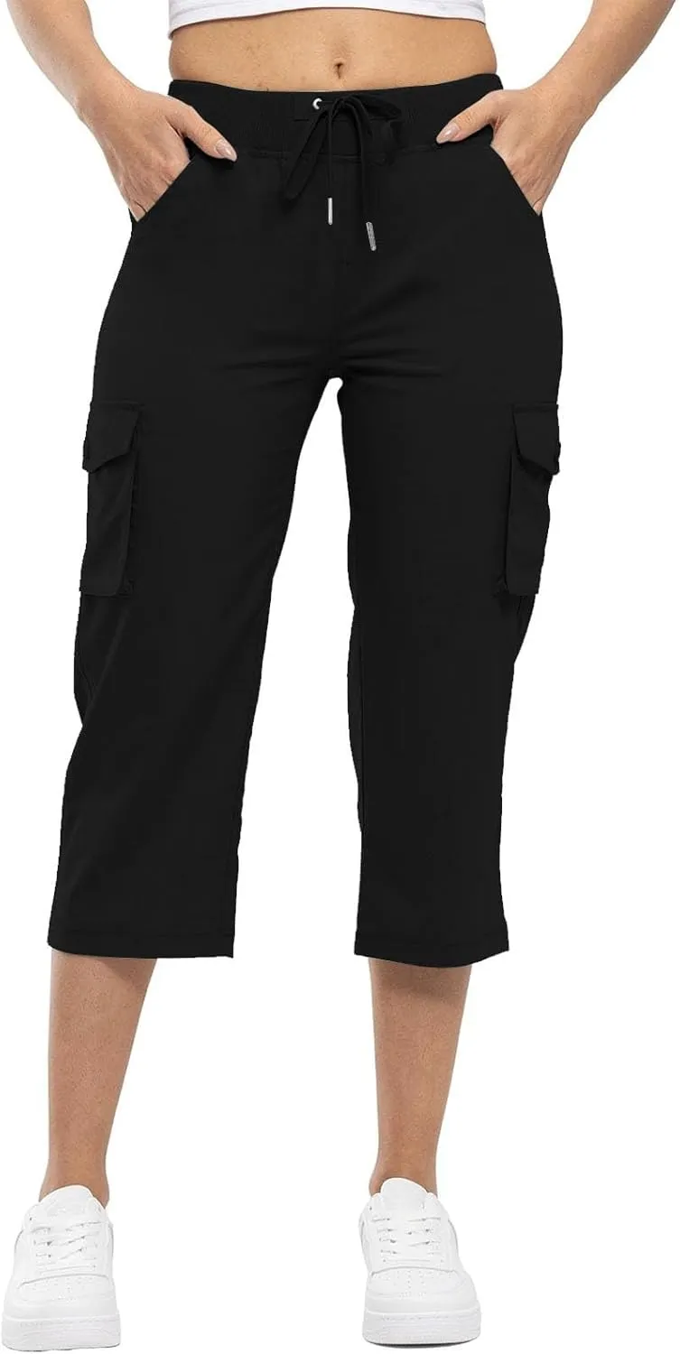 Cargo Capris for Women Summer Casual Drawstring Lightweight Outdoor Travel Hiking Cropped Pants with 6 Pockets