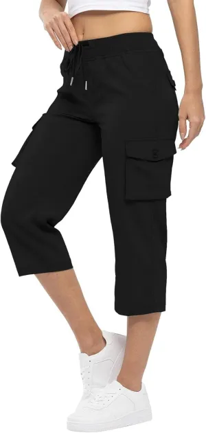 Cargo Capris for Women Summer Casual Drawstring Lightweight Outdoor Travel Hiking Cropped Pants with 6 Pockets