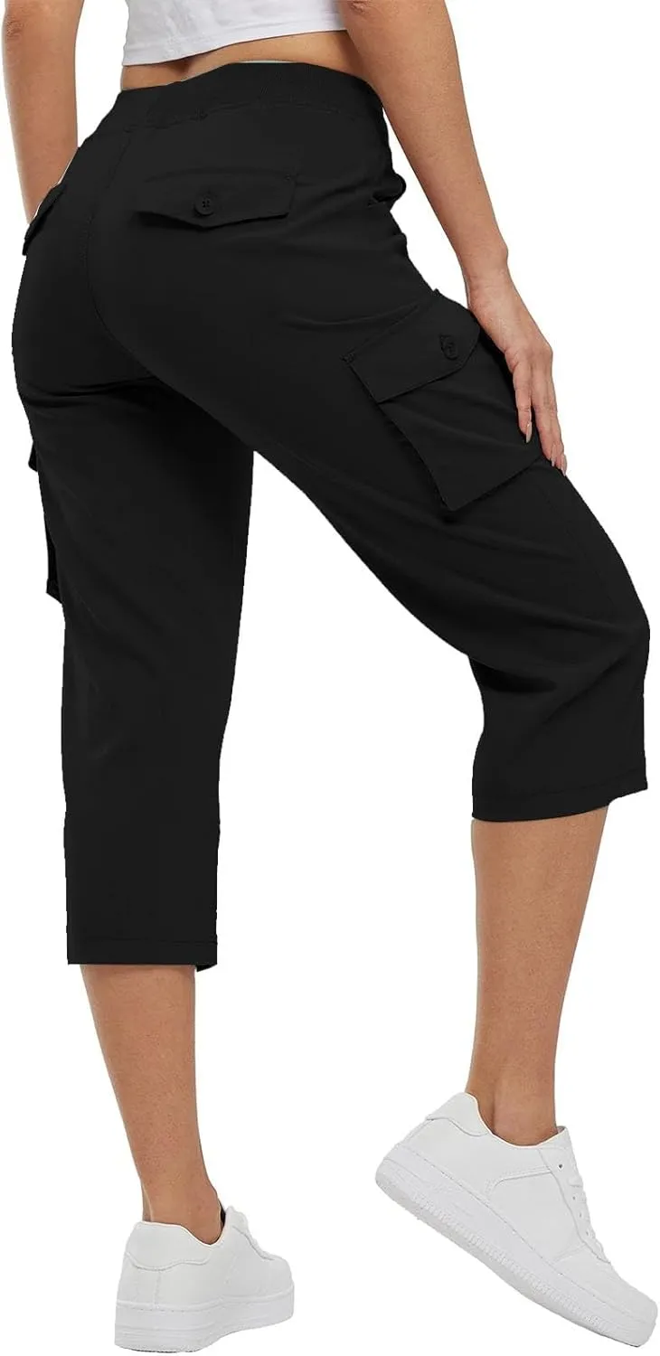 Cargo Capris for Women Summer Casual Drawstring Lightweight Outdoor Travel Hiking Cropped Pants with 6 Pockets
