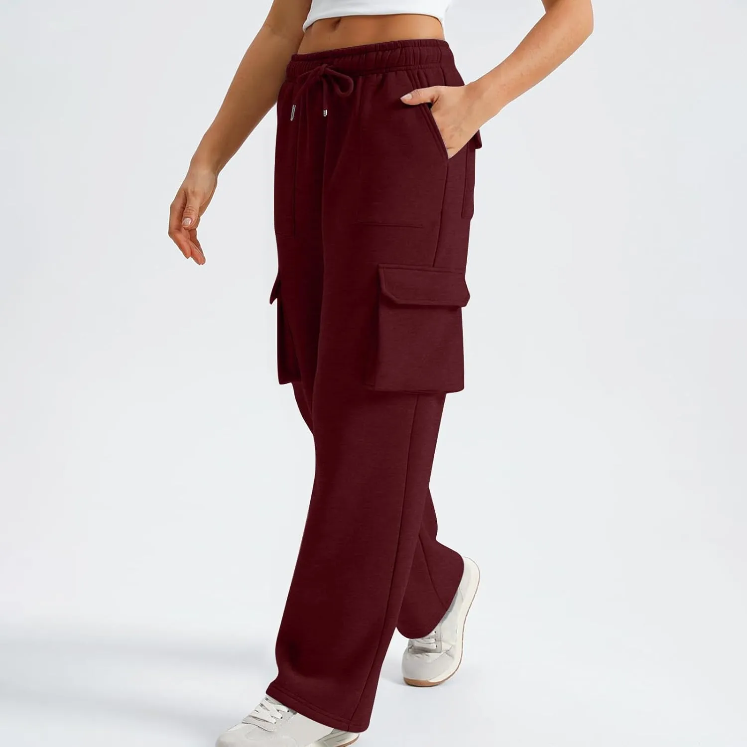 Cargo Straight Leg Pants for Women Multi Pockets Drawstring High Waisted Lounge Pants Outdoor Casual Wide Leg Pants