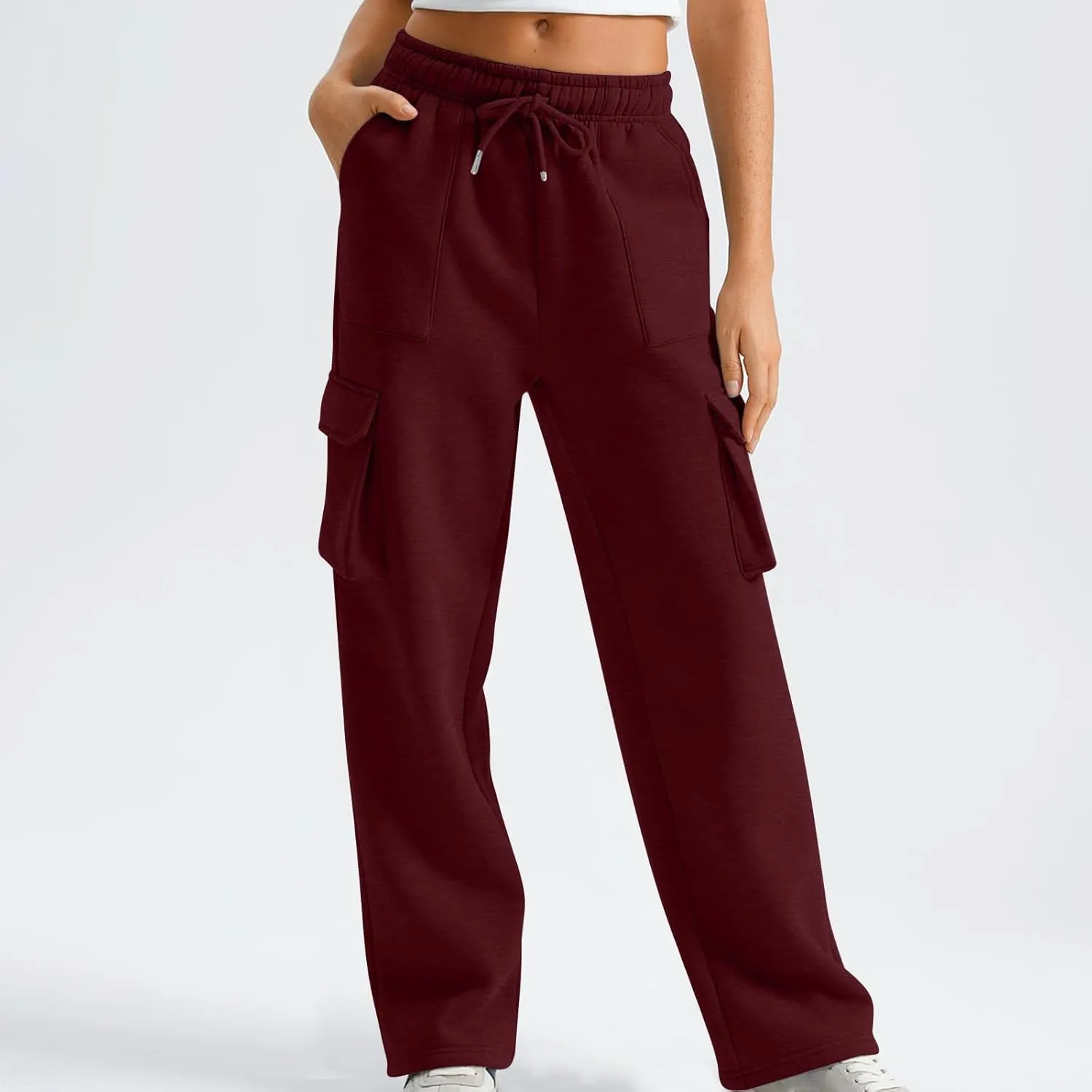Cargo Straight Leg Pants for Women Multi Pockets Drawstring High Waisted Lounge Pants Outdoor Casual Wide Leg Pants