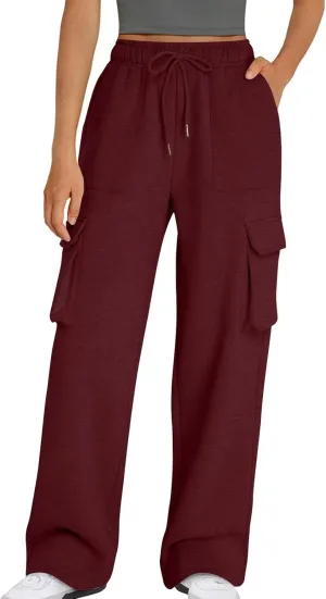 Cargo Straight Leg Pants for Women Multi Pockets Drawstring High Waisted Lounge Pants Outdoor Casual Wide Leg Pants