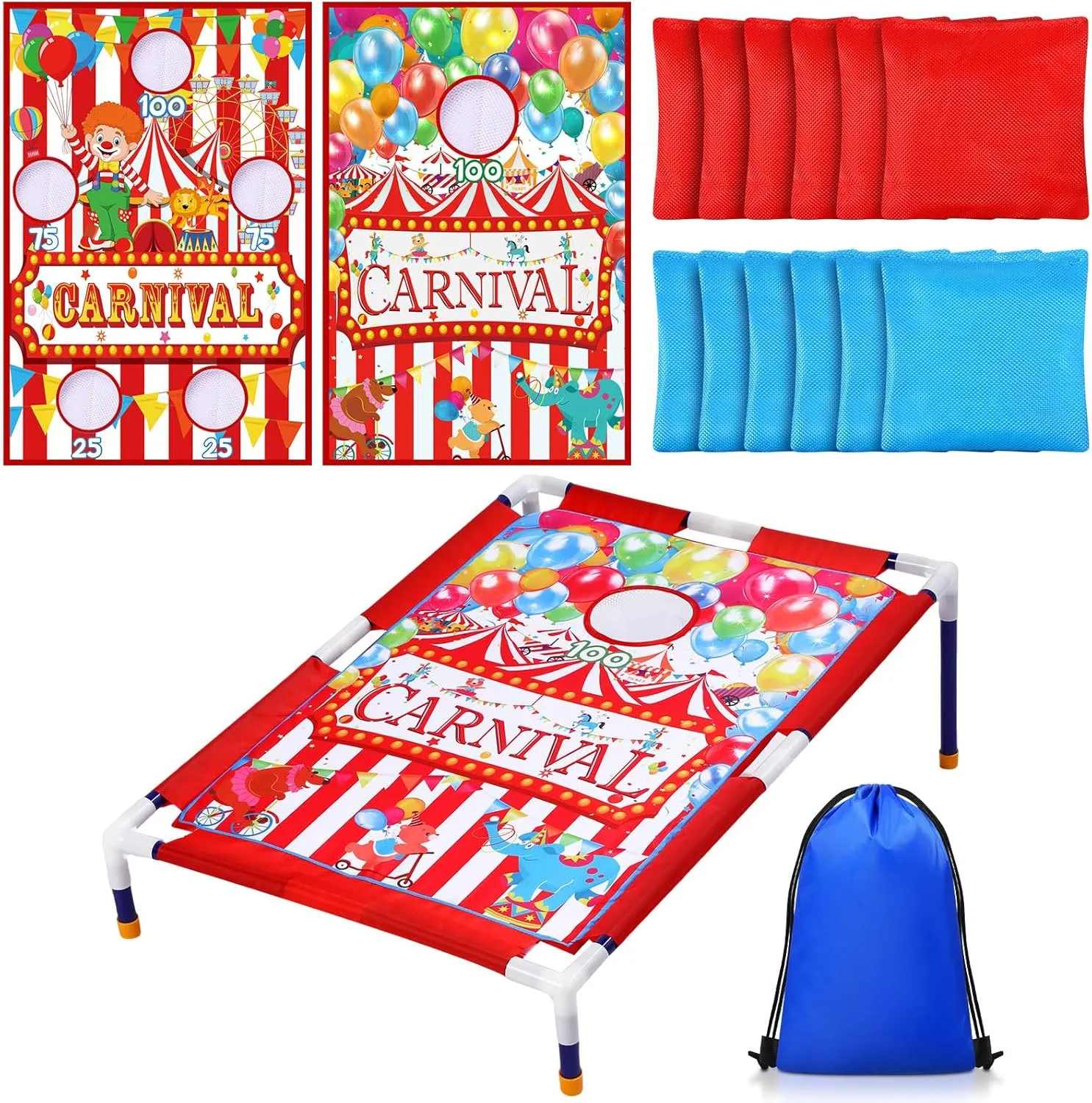 Carnival 2 in 1 Bean Bag Toss with 12 Bean Bags for Boys Girls Circus Bean Bag Toss Outdoor Games Cornhole Game Set Portable Bean Bag Toss Games for Party Outdoor Activities Games Gifts
