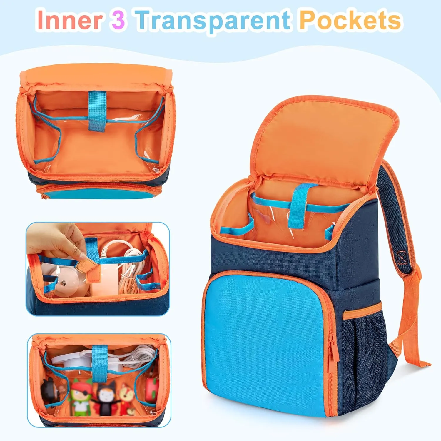 Carrying Backpack Compatible with Toniebox, Travel Bag for Audio Player Starter Set, Accessories Storage for Charger Headphone, 3 Clear Pockets for Figures Display, Blue (Bag Only) Patented Design