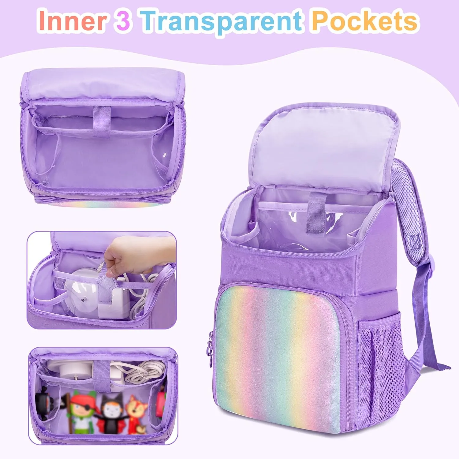 Carrying Backpack Compatible with Toniebox, Travel Bag for Audio Player Starter Set, Accessories Storage for Charger Headphone, 3 Clear Pockets for Figures Display, Purple (Bag Only) Patented Design