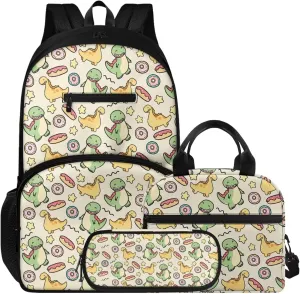 Cartoon Dinosaur Donut Print 16.9 Inch School Backpack Set with Lunch Box & Pencil Pouch, Lightweight Large Capacity Backpack, Tote Bag with Shoulder Strap, Ideal for Students & Travel