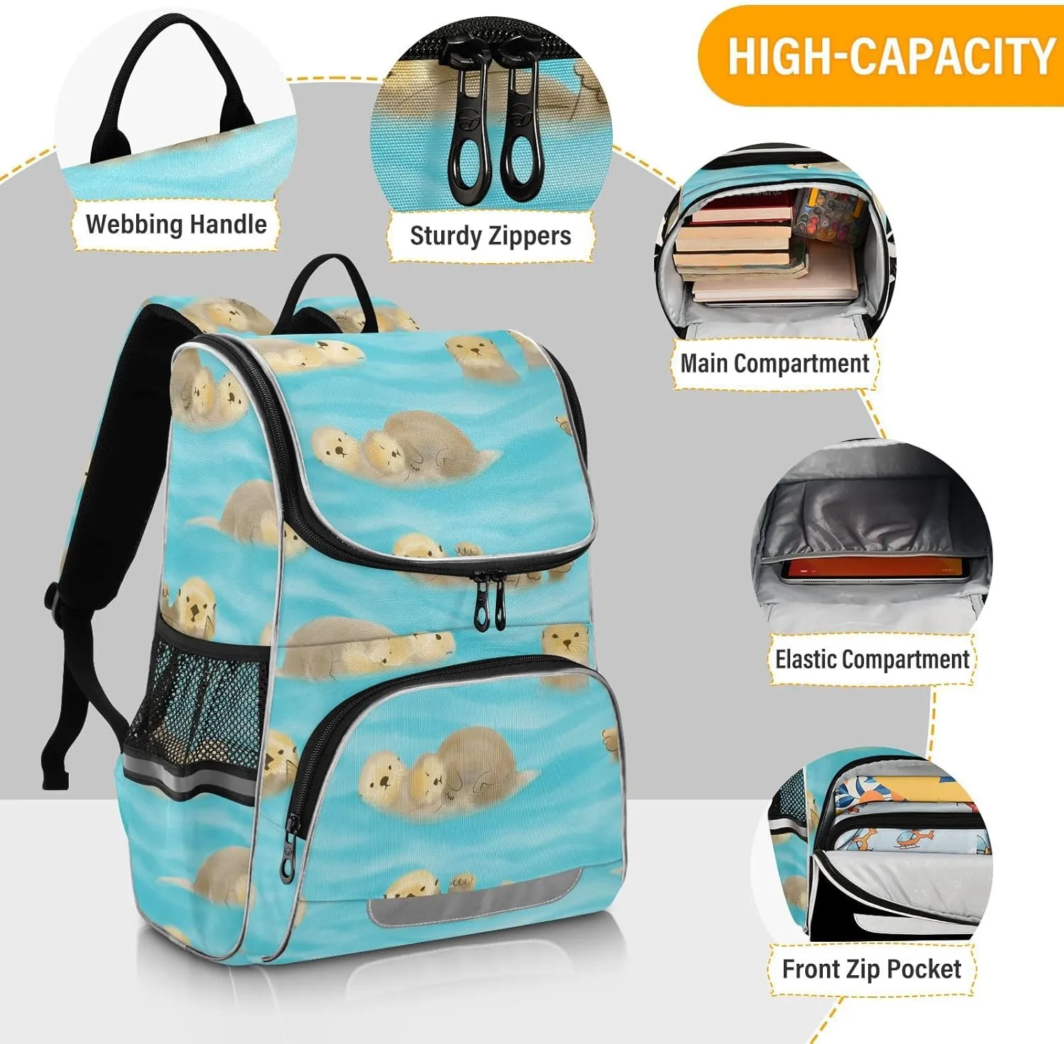 Cartoon Otter Backpack Large Capacity Student Book Bag for Kids Teenagers, Backpack for Girl and Boy with Night Reflective Strip Safety, Kid's Cartoon School Bag
