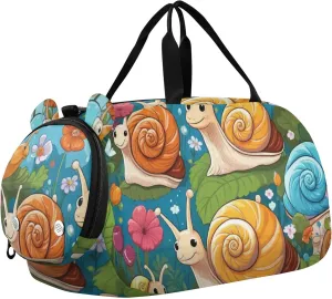 Cartoon Snails and Flowers Sports Duffle Bag for Teens Girls Boys, Gym Bag with Shoe Compartment, Kids Travel Overnight Weekender Shoulder Bag