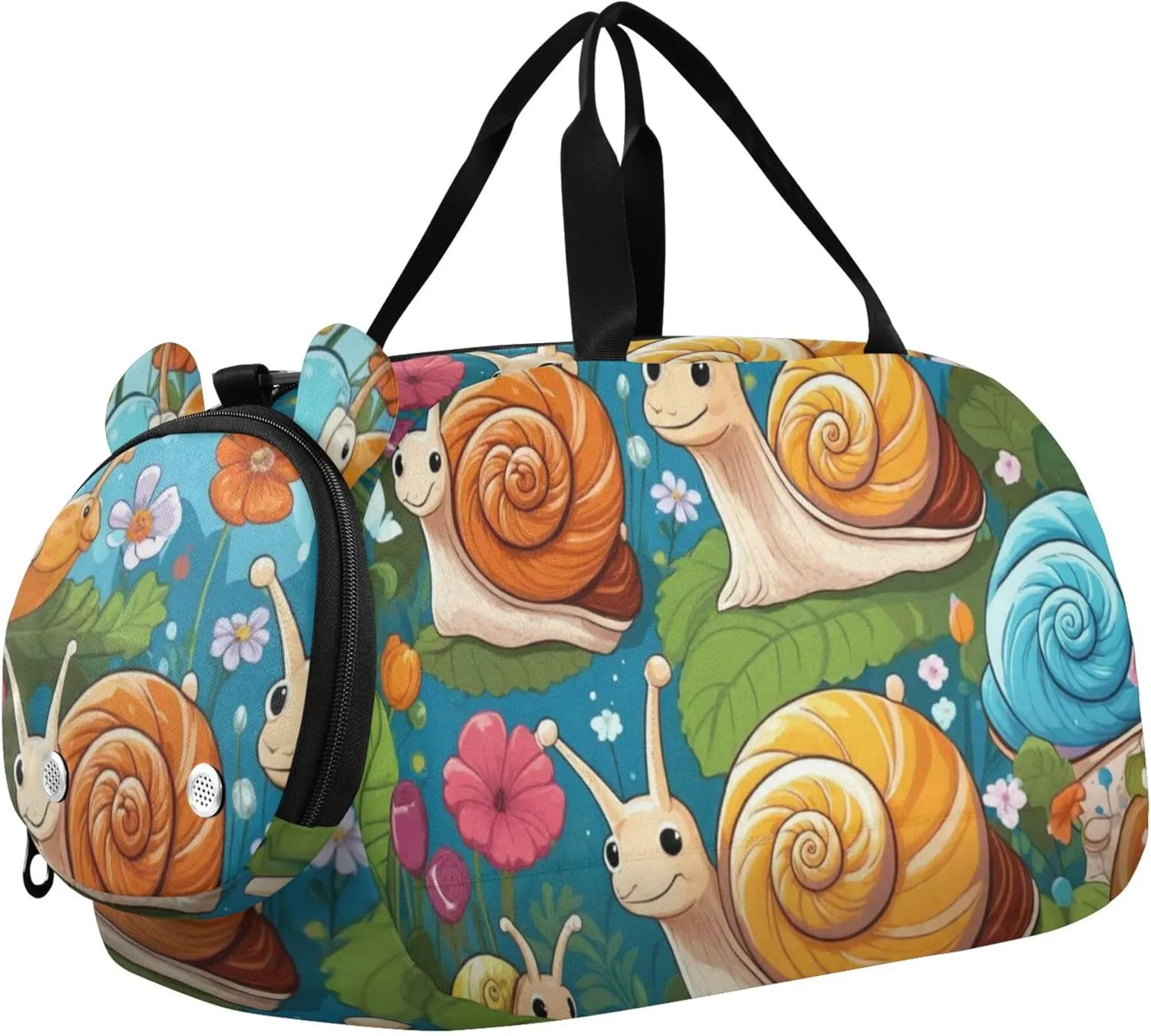 Cartoon Snails and Flowers Sports Duffle Bag for Teens Girls Boys, Gym Bag with Shoe Compartment, Kids Travel Overnight Weekender Shoulder Bag