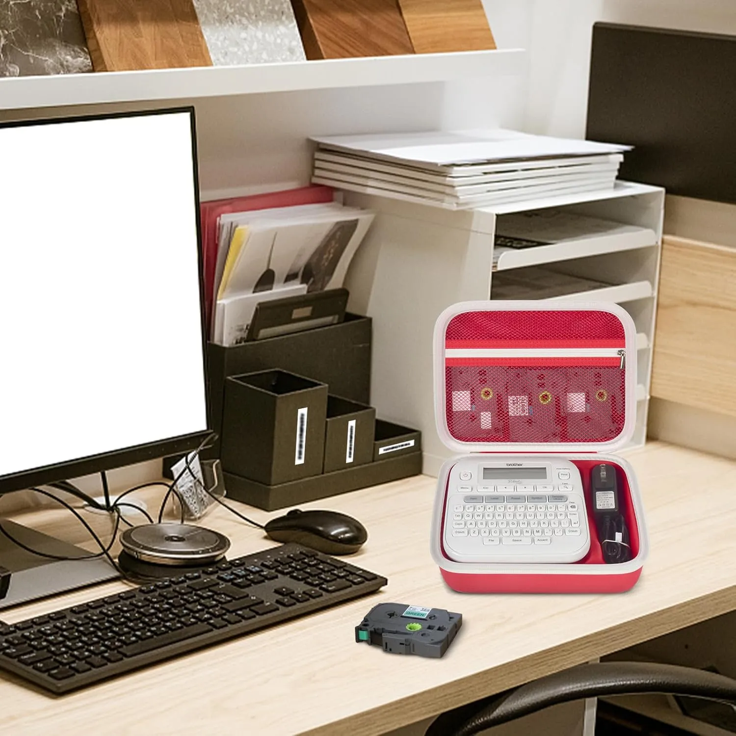 Case Compatible with Brother P-Touch PTD220 210 Home/Office Everyday Label Maker, Storage Holder Carrying Organizer for Label Tapes, AC Adapter, Charging Cables (Box Only) -Red