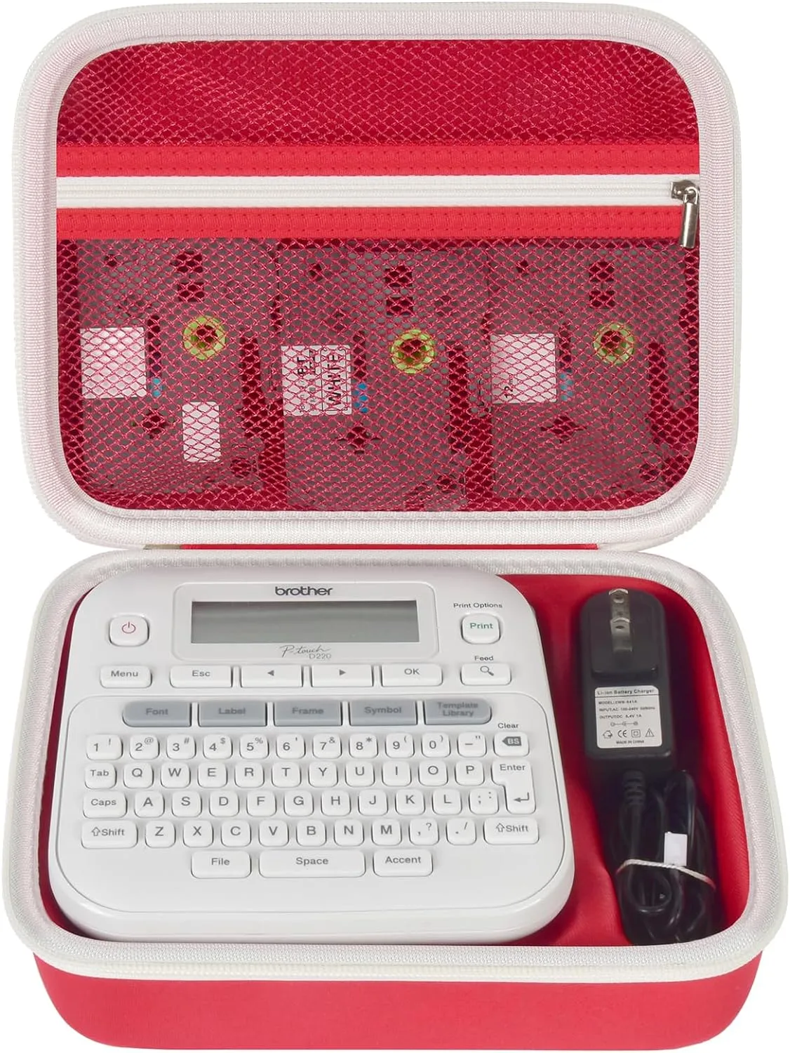 Case Compatible with Brother P-Touch PTD220 210 Home/Office Everyday Label Maker, Storage Holder Carrying Organizer for Label Tapes, AC Adapter, Charging Cables (Box Only) -Red
