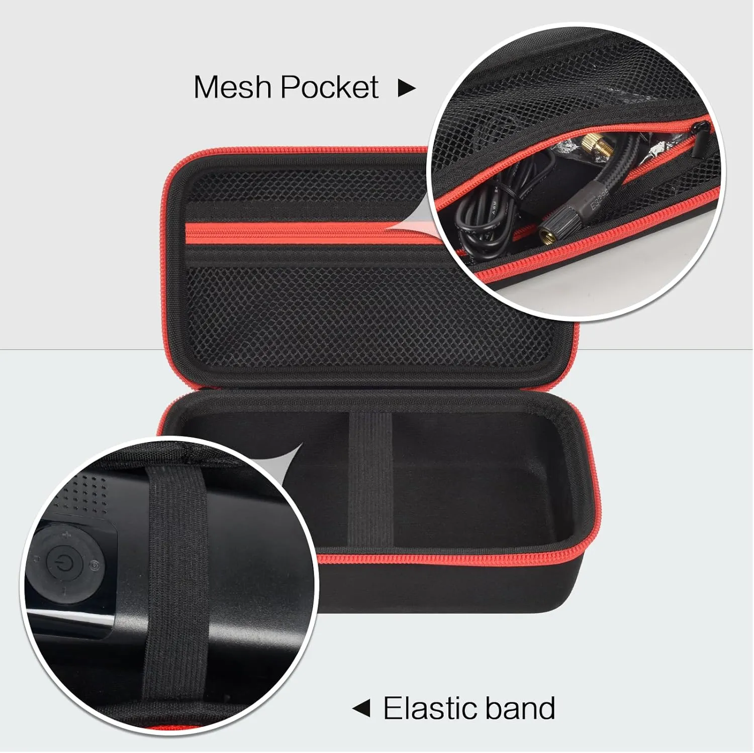 Case Compatible with Portable Air Pump, 120 PSI Air Compressor, Car Tire Inflator Storage Bag for USB Cable, Air House, Connector and Accessories (Box Only)-Black Red Zipper