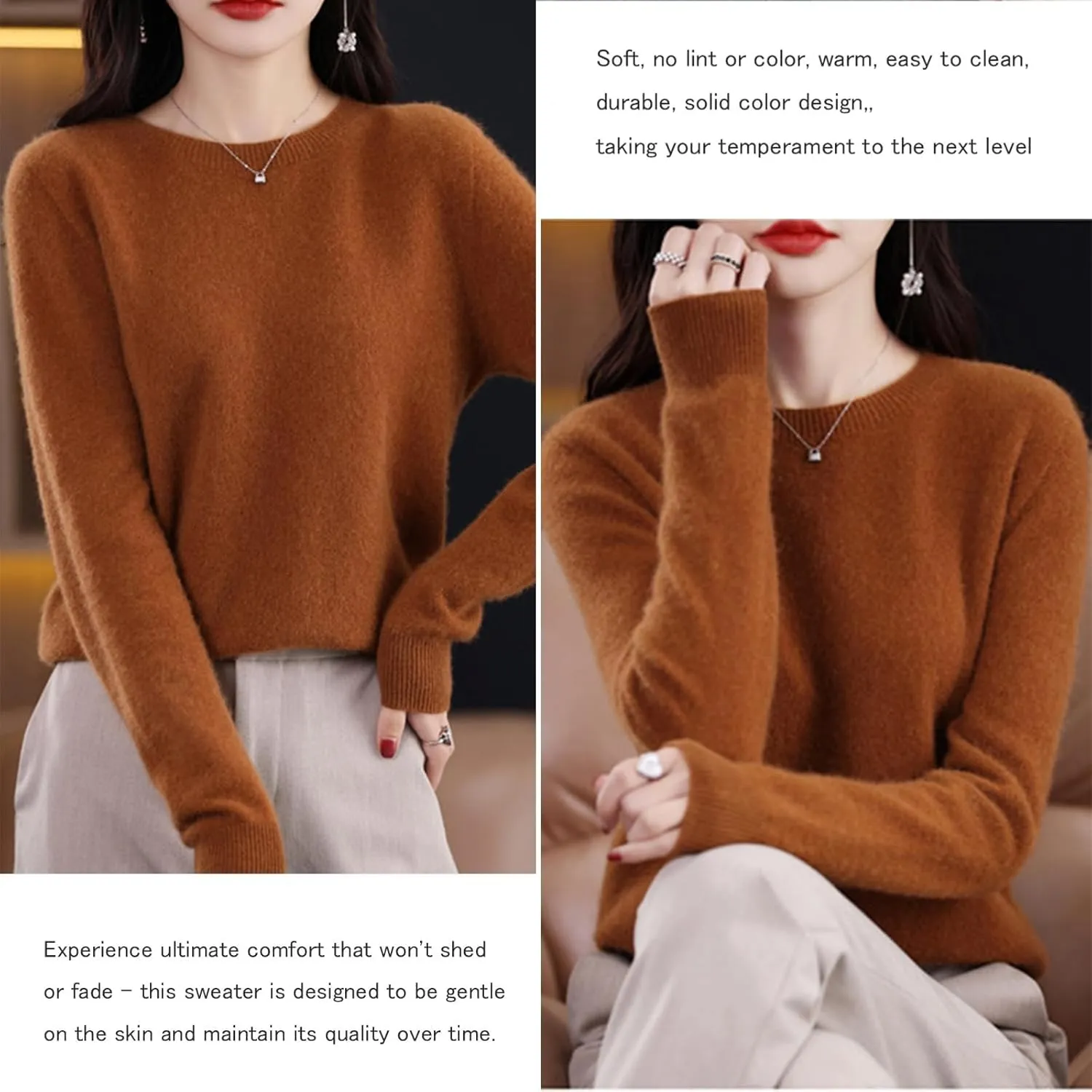 Cashmere Sweater for Women - Crew Neck Lightweight Soft Warm Pullover Knitted Jumper