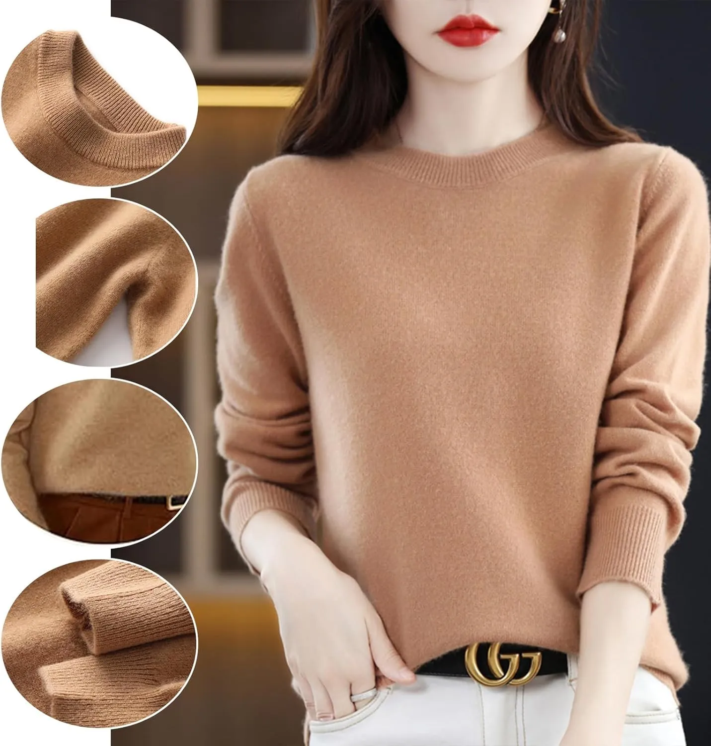 Cashmere Sweater for Women - Crew Neck Lightweight Soft Warm Pullover Knitted Jumper