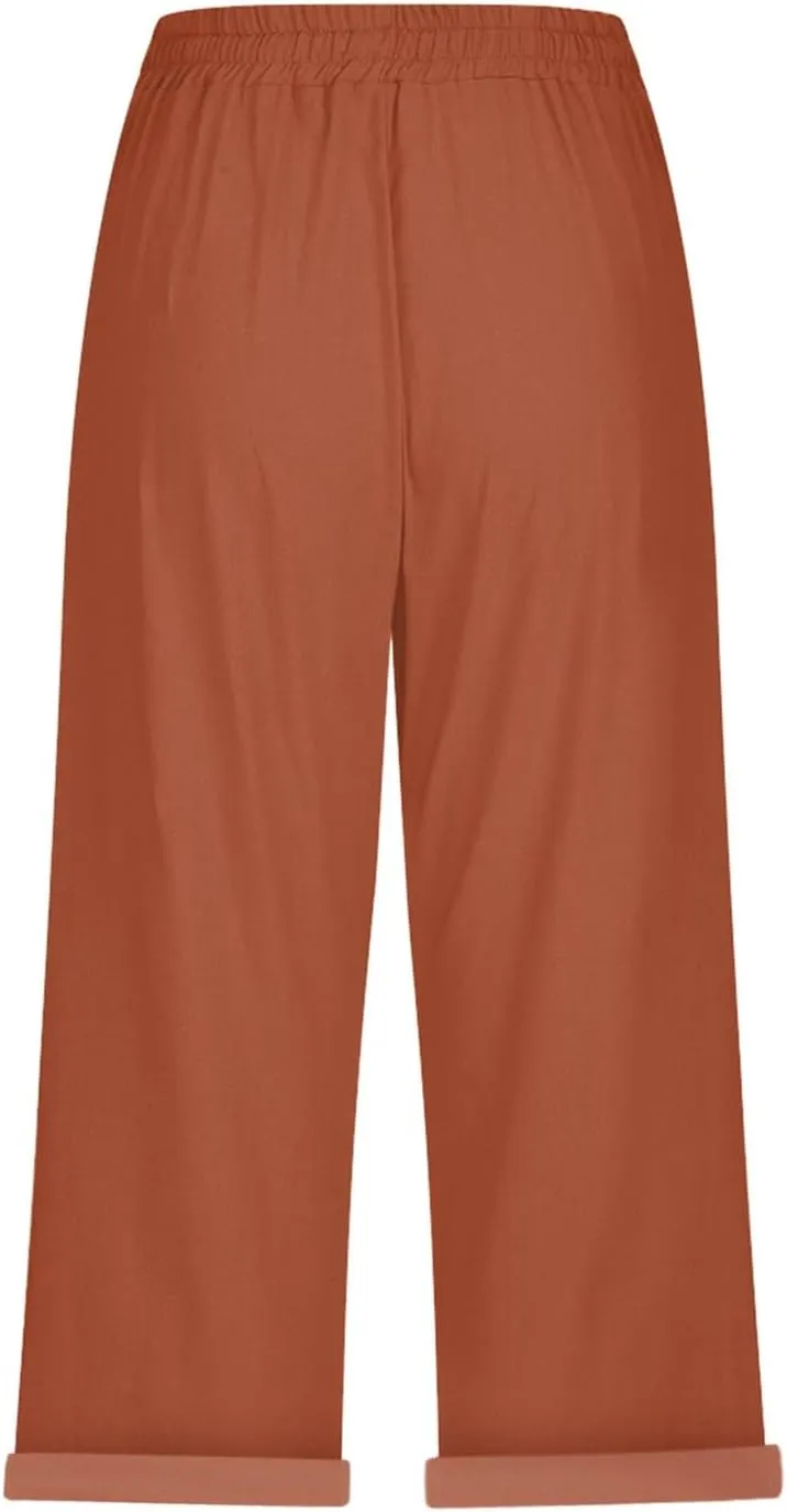 Casual Linen Pants for Women Elastic Long Pants Beach Leisure Trousers Casual Summer Cropped Pants Linen Capri Pants