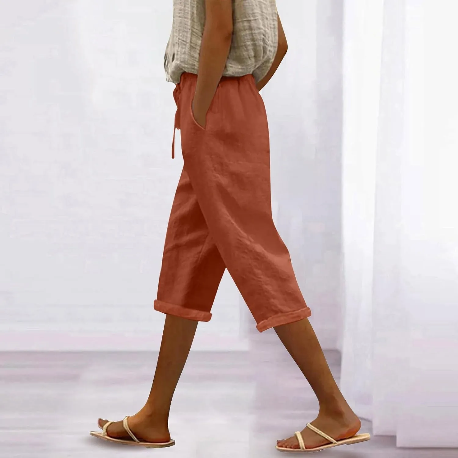 Casual Linen Pants for Women Elastic Long Pants Beach Leisure Trousers Casual Summer Cropped Pants Linen Capri Pants