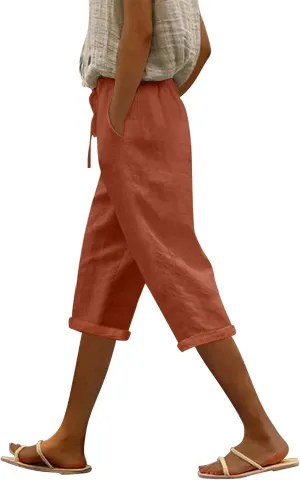 Casual Linen Pants for Women Elastic Long Pants Beach Leisure Trousers Casual Summer Cropped Pants Linen Capri Pants